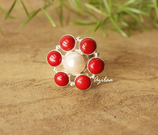 Red coral pearl Sterling silver gemstone ring