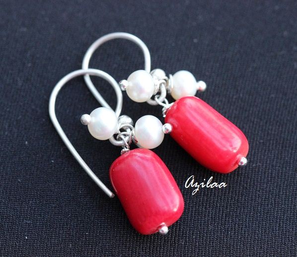 Red coral  pearl sterling silver handmade gemstone earrings