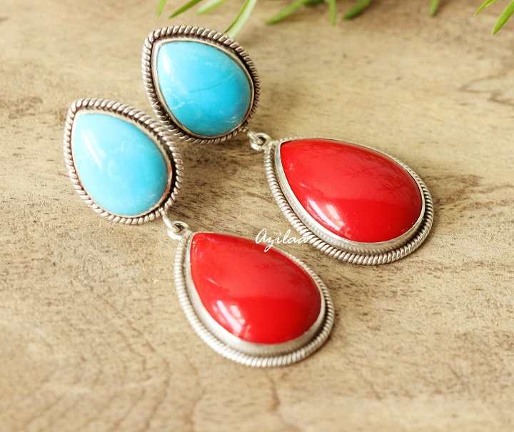 Red coral turquoise earrings, Designer sterling silver earrings