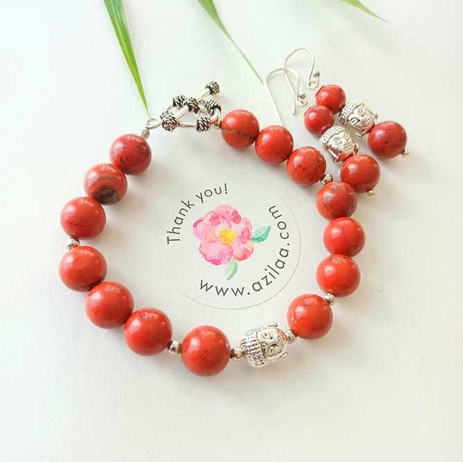Red jasper Buddha beaded bracelet earrings set