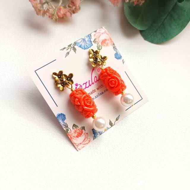 Red carved bead pearl antique golden flower earrings