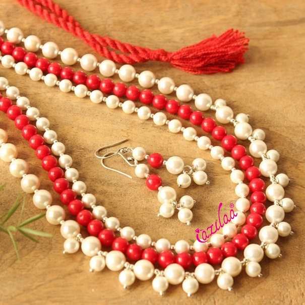 Red pearl three layered necklace earrings set