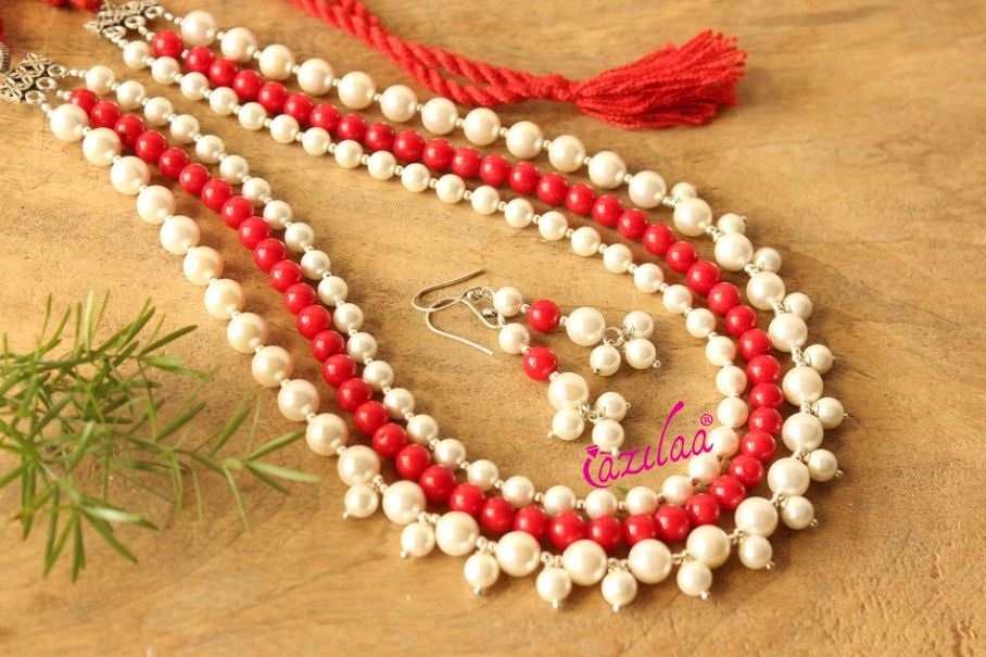 Red pearl three layered necklace earrings set