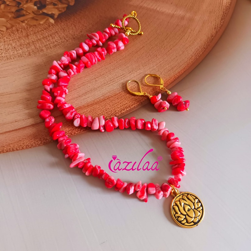  Red pink coral Designer gemstone lotus  dainty necklace set