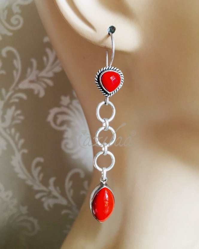 Red stone long gemstone sterling silver handmade earrings