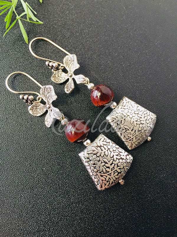 Red tiger eye gemstone flower charm flower handmade earrings