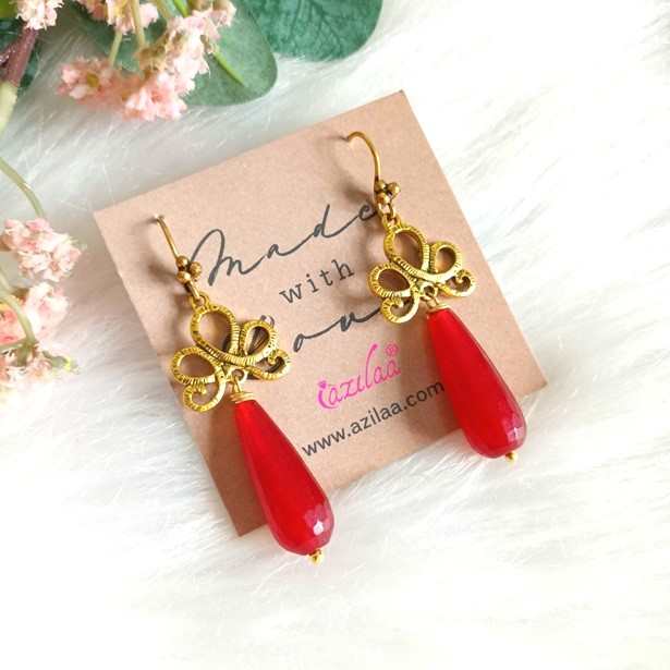 Reddish Maroon dangler gemstone chandelier golden earrings