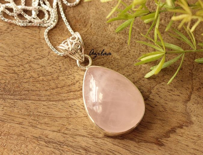 Rose Quartz gemstone sterling silver pendant  handmade