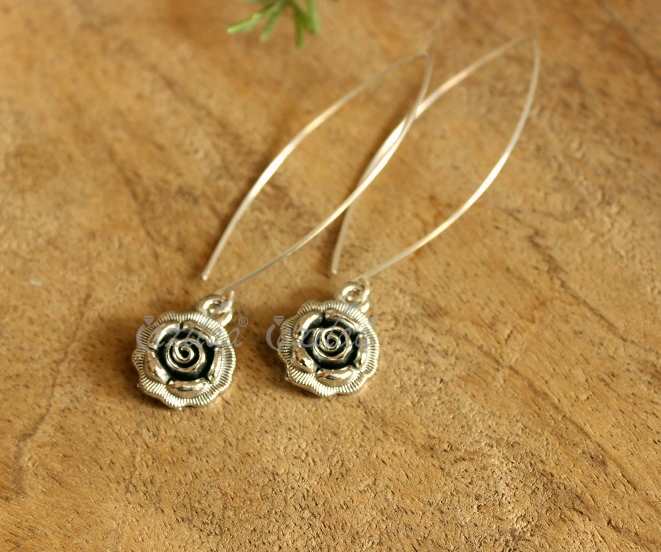 Rose charm silver Long dangler earrings