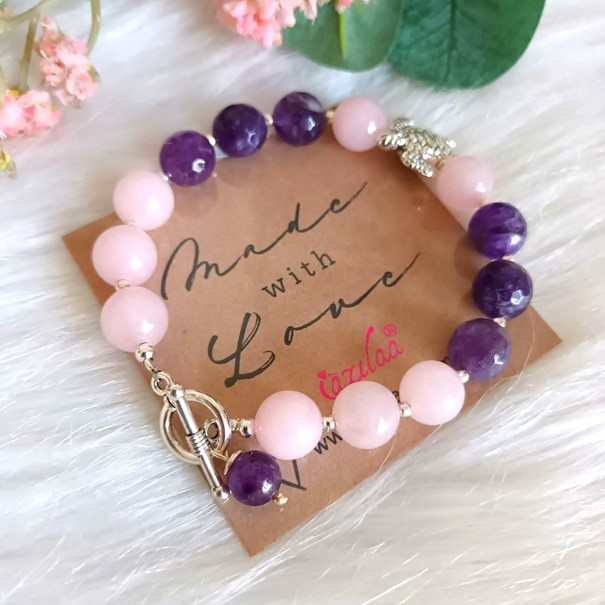 Rose quartz amethyst turtle charm gemstone beaded Bracelet 