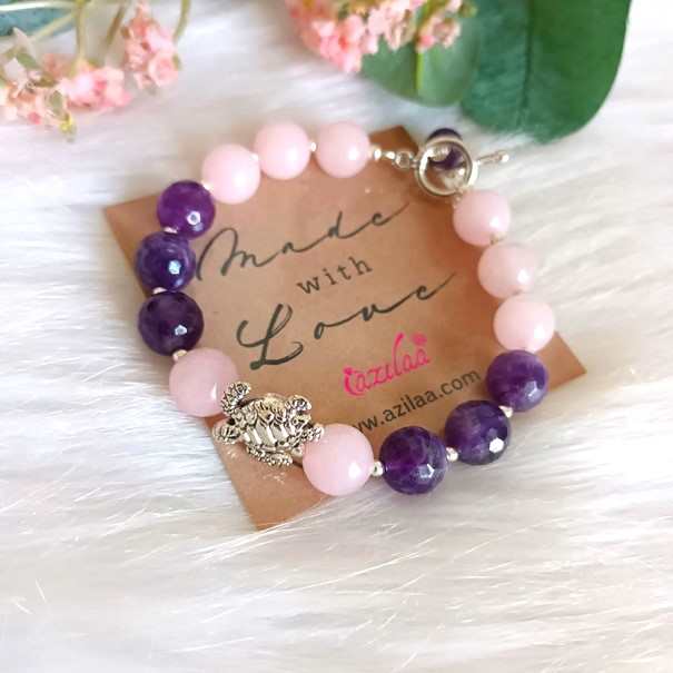 Rose quartz amethyst turtle charm gemstone beaded Bracelet 