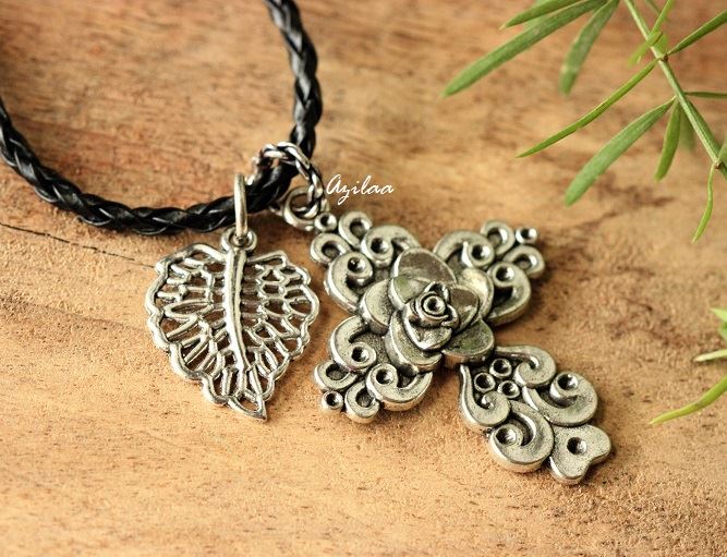 Rose silver cros charm pendant with cord unisex necklace 