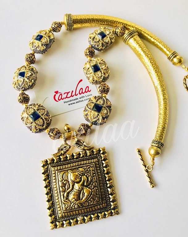 Royal Dark blue antique Gold Statement handmade necklace set