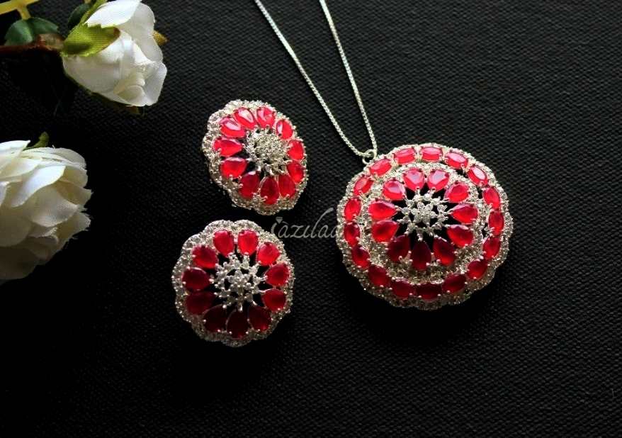 Ruby pink CZ studded pendant silver necklace earrings set