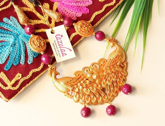 Ruby pink Golden peacock Statement handmade necklace set
