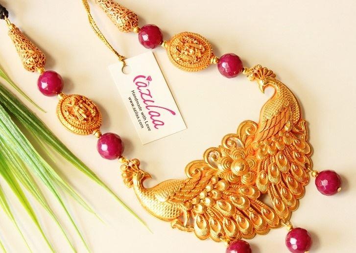 Ruby pink Golden peacock Statement handmade necklace set