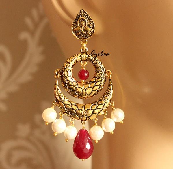 Maroon pearl Antique Gold tone gemstone earrings