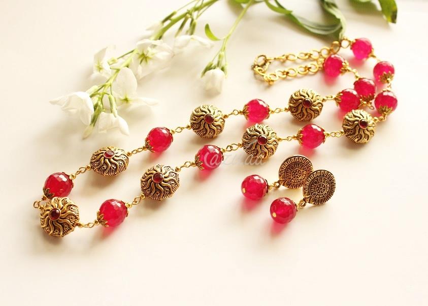 Ruby red beaded necklace set, Designer gemstone necklace