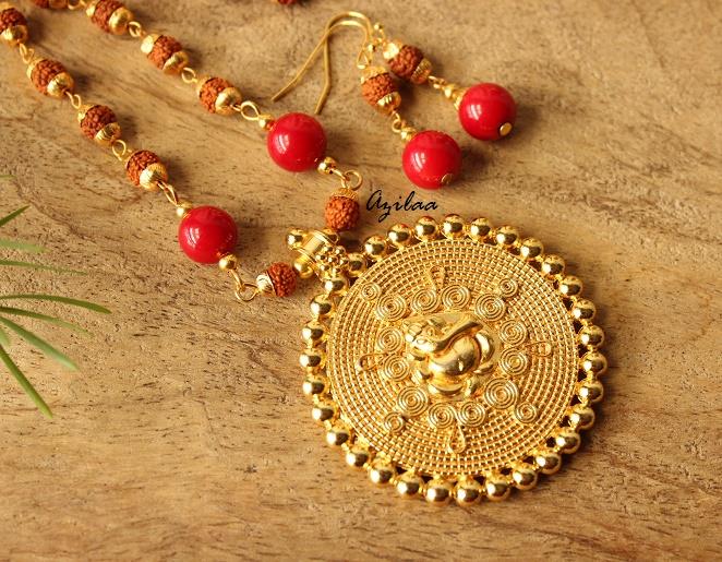 Rudraksha Ganesha red coral gemstone handmade golden necklace set