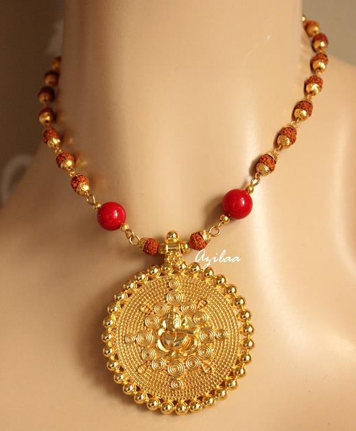 Rudraksha Ganesha red coral gemstone handmade golden necklace set