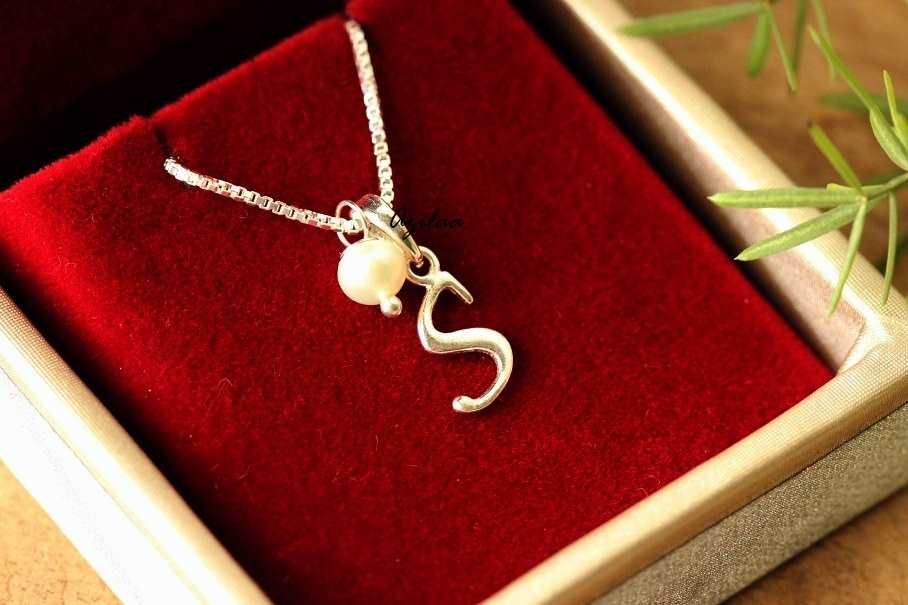 S initial Sterling silver pearl charm alphabet Pendant
