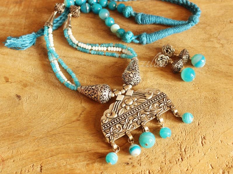 Sky blue necklace set, Statement ethnic pendant necklace
