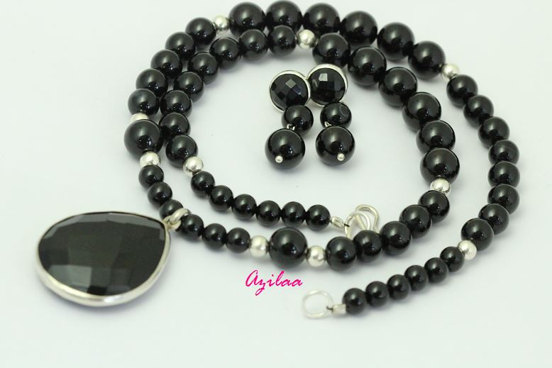 Sterling silver Black onyx handmade charm necklace earrings set