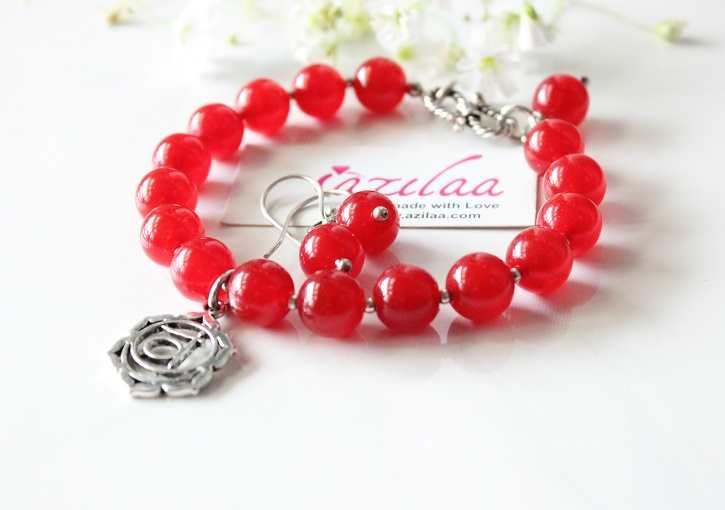 Sacral Chakra Carnelian gemstone beaded silver bracelet