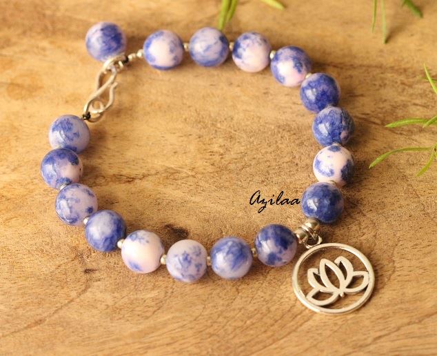 Lotus charm blue gemstone beaded handmade bracelet