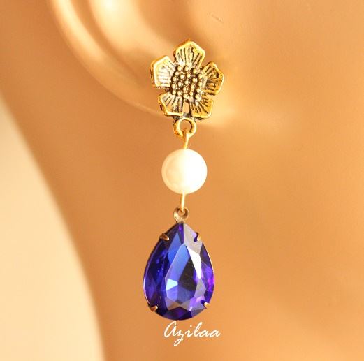 Sapphire blue Antique Gold tone crystal glass handmade earrings