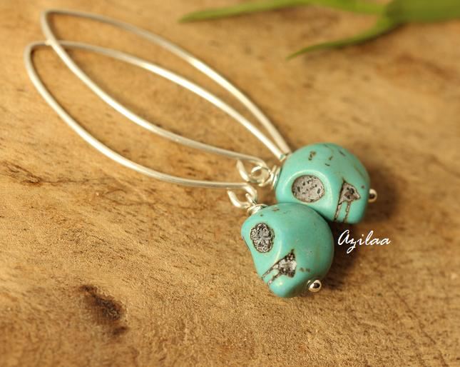 Scull turquoise charm silver dangler gemstone earrings