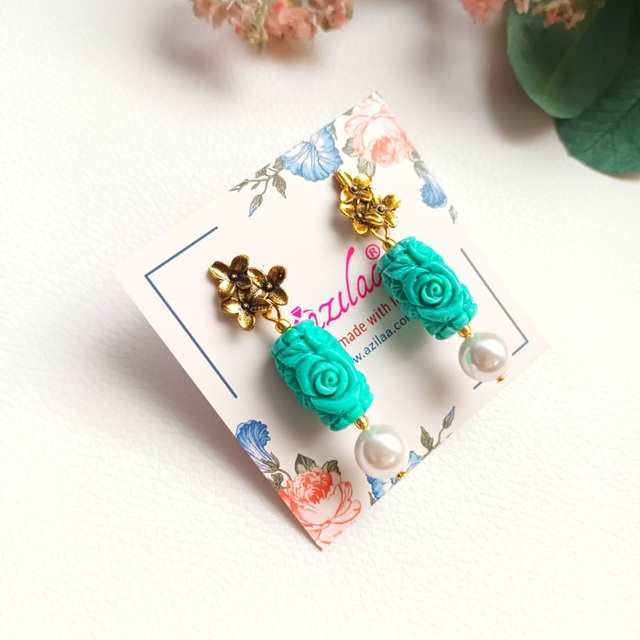 Sea green pearl antique golden flower earrings