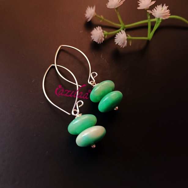 Shaded green gemstone donut bead dangler silver earrings