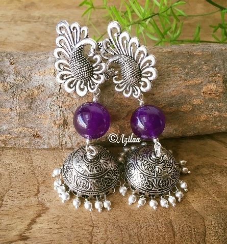 Silver Peacock post purple gemstone gemstone earrings