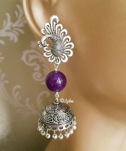 Silver Peacock post purple gemstone gemstone earrings