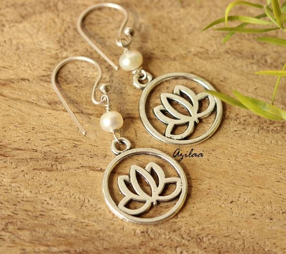 Silver  lotus Flower charm pearl earrings