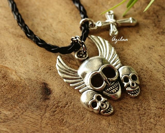 Skull punk silver cros charm pendant with cord unisex necklace 