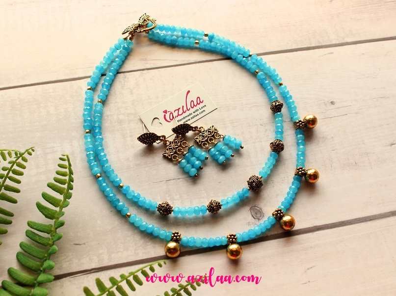 Sky Blue layered beaded necklace earring set gemstone jewelry