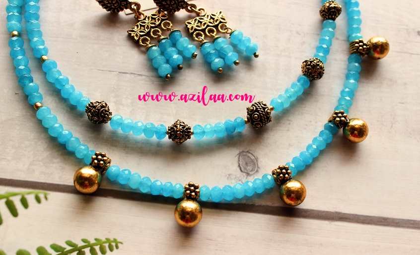 Sky Blue layered beaded necklace earring set gemstone jewelry