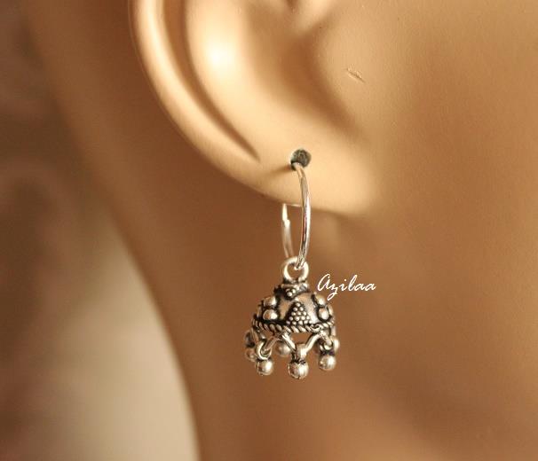 Small Jhumki Sterling silver gemstone hoop earrings