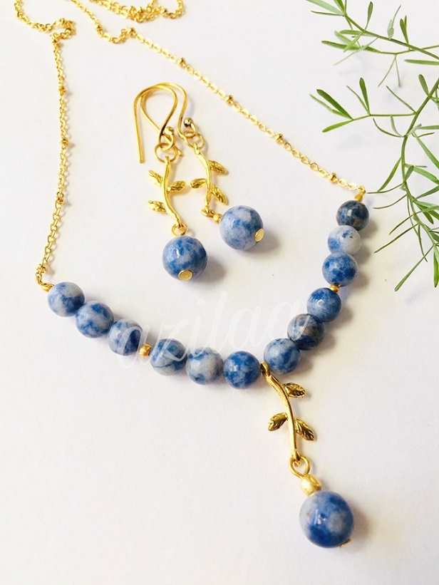  Sodalite gemstone bead pendant gold plated chain necklace set