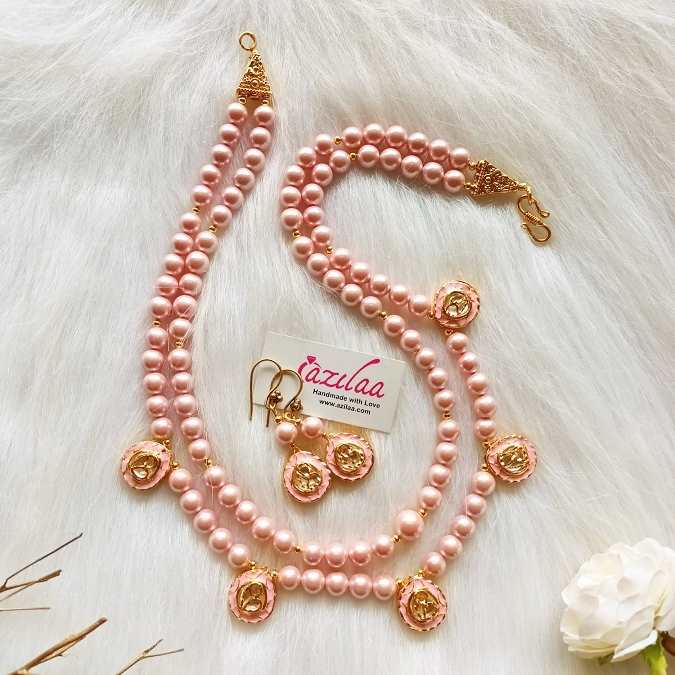 Soft Pink shell Pearl designer golden necklace earrings set