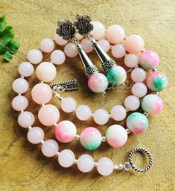 Soft pastel pink green gemstone handmade necklace set