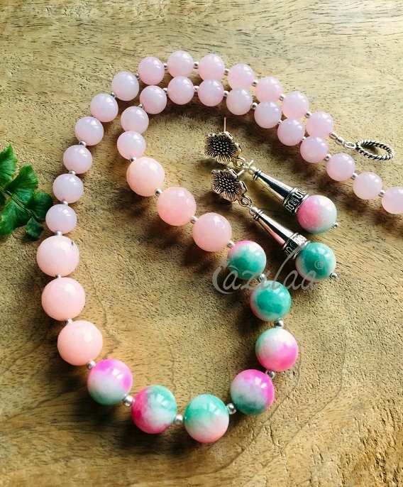 Soft pastel pink green gemstone handmade necklace set