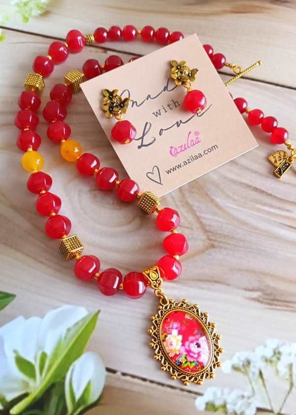 Spring flowers red gemstone beaded handmade necklace set