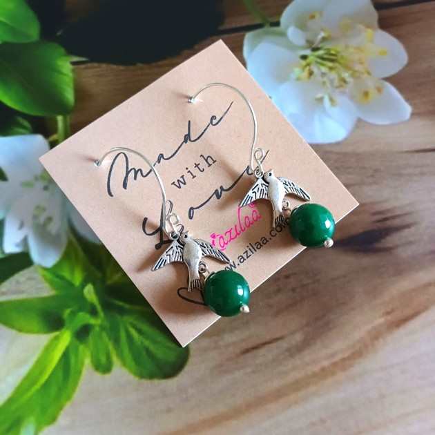 Spring little bird charm Gemstone long dangler earrings