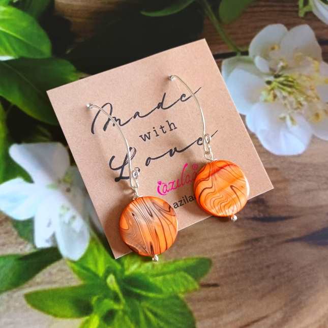Spring orange mother of pearl disk statement fun earrings