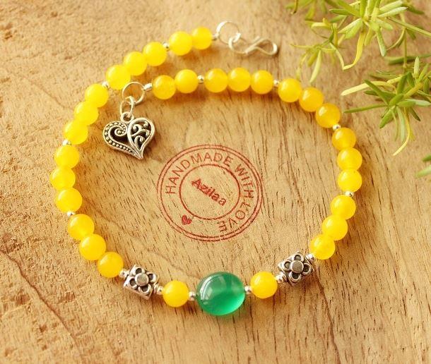 Spring yellow green beaded Gemstone handmade silver tone Anklet