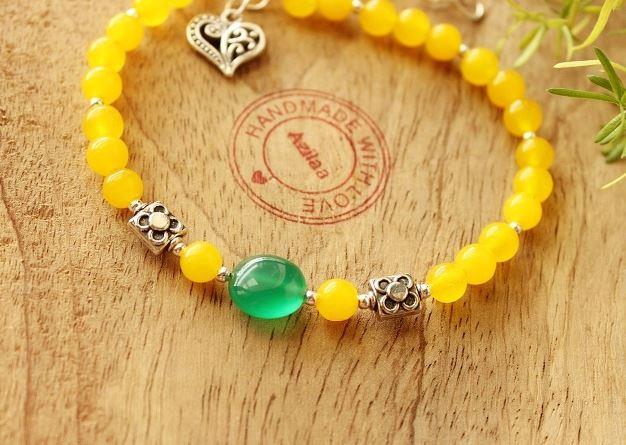 Spring yellow green beaded Gemstone handmade silver tone Anklet