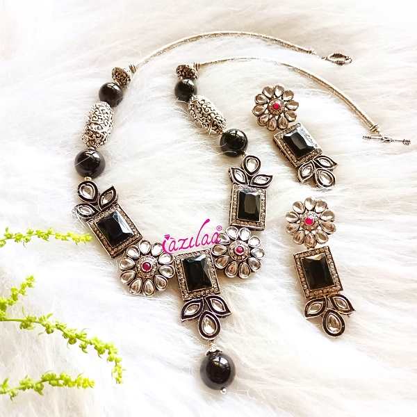 Statement black onyx gemstone beaded necklace set 